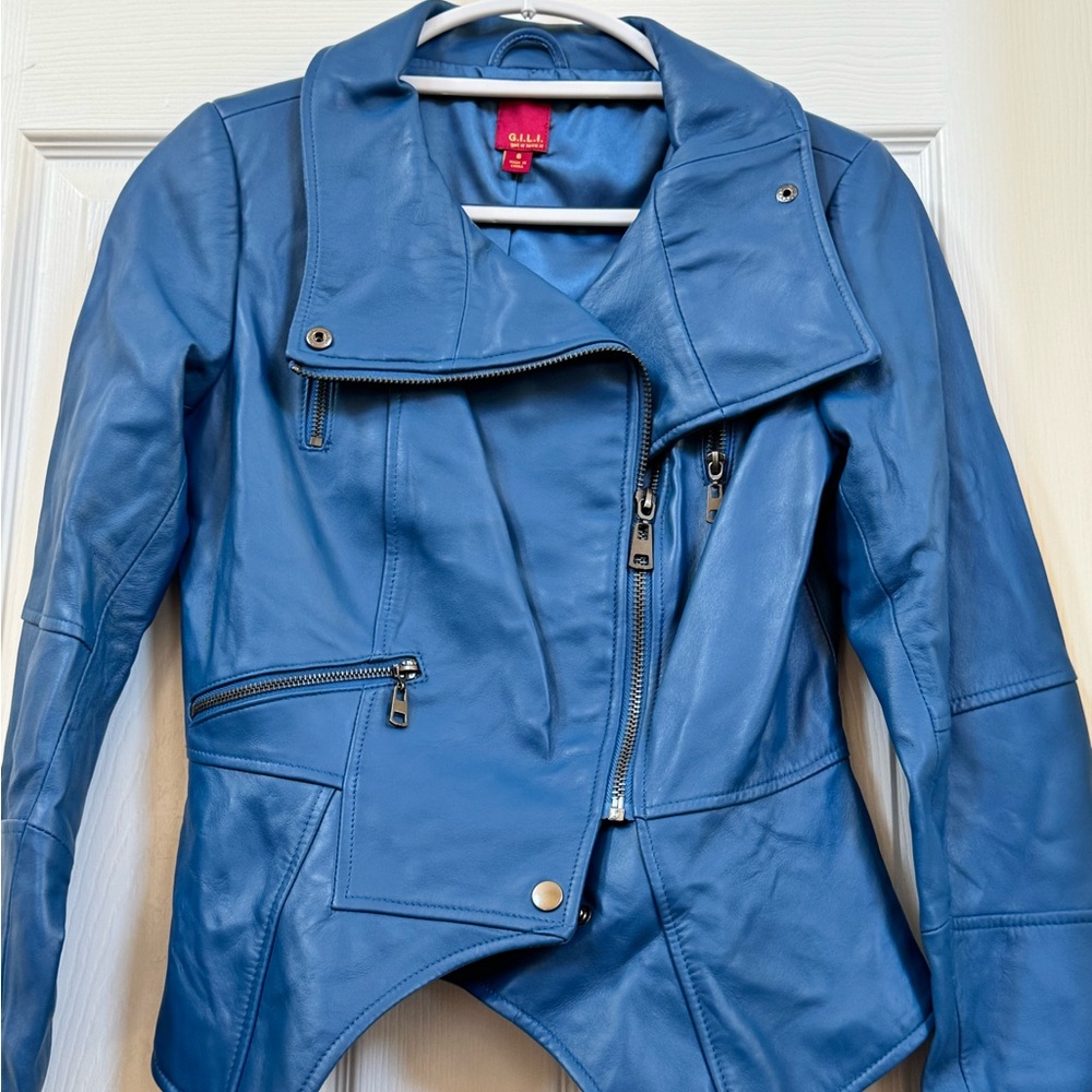 G.I.L.I. Asymmetrical Blue Leather Jacket new without tags never worn